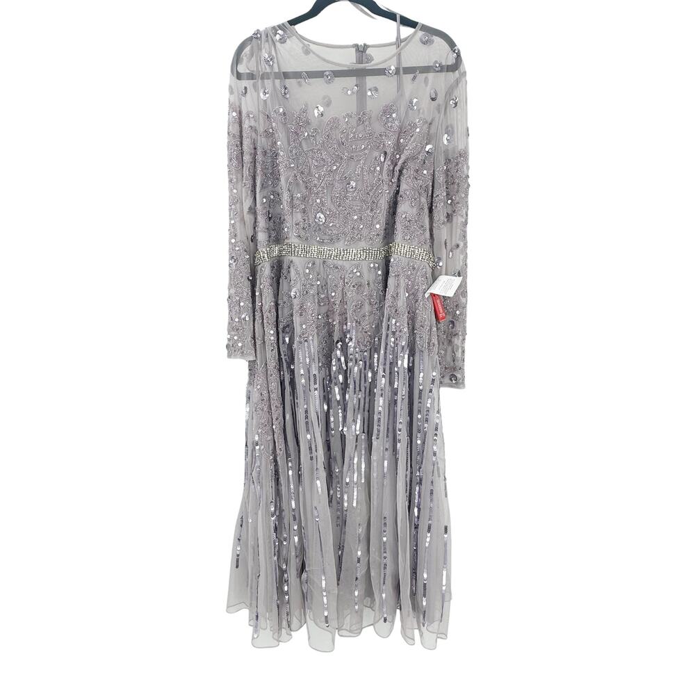 Mac Duggal Mesh Sequin Long Sleeve Belted Tea Dress Vintage Lilac Size 18 NWT - Picture 7 of 13
